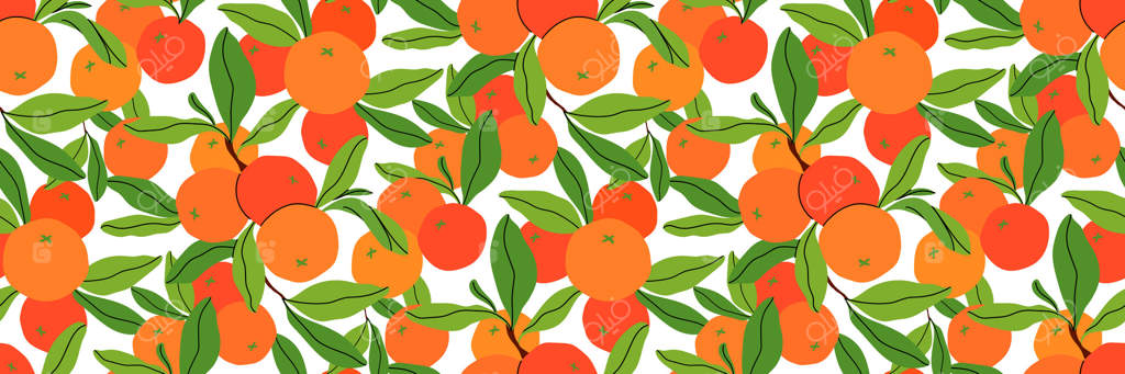 پترن پیوسته پرتقال دست‌کشیده با برگ‌ها. پس‌زمینه‌ای با حس و حال تازگی تابستان. باغ و کشاورزی. ایده‌آل برای منسوجات، کاغذ کادو، کاغذ دیواری و بسته‌بندی. تصویرسازی ساده.