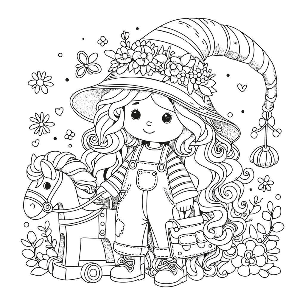 دختر شیک با کلاه و شلوار کار در کنار اسب اسباب‌بازی در باغ گل. صفحه رنگ‌آمیزی.