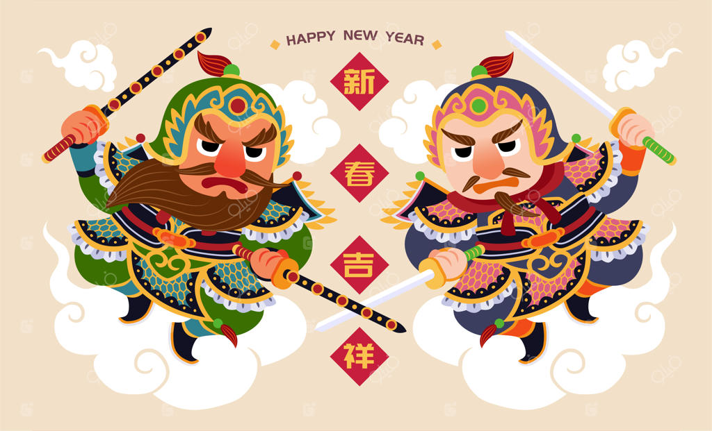 خدایان درب چینی زیبا ایستاده بر ابرها با نوشته‌های مبارک سال نو به زبان چینی، طراحی ساده بر پس‌زمینه کرمی