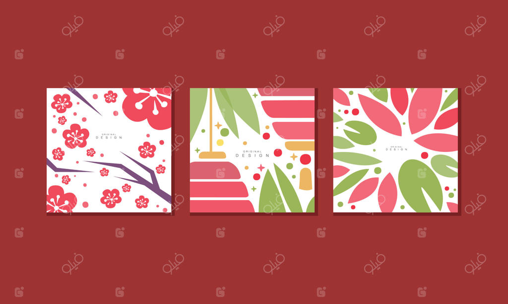 مجموعه کارت‌های تبریک ژاپنی با طراحی گل‌های زیبا، پوستر و بنر تبلیغاتی