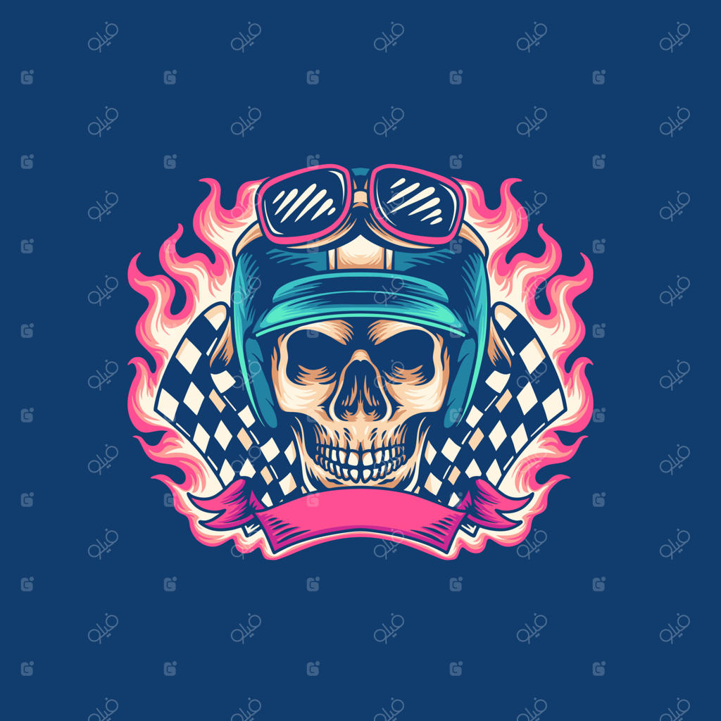 تصویرسازی جمجمه موتورسوار به سبک رترو