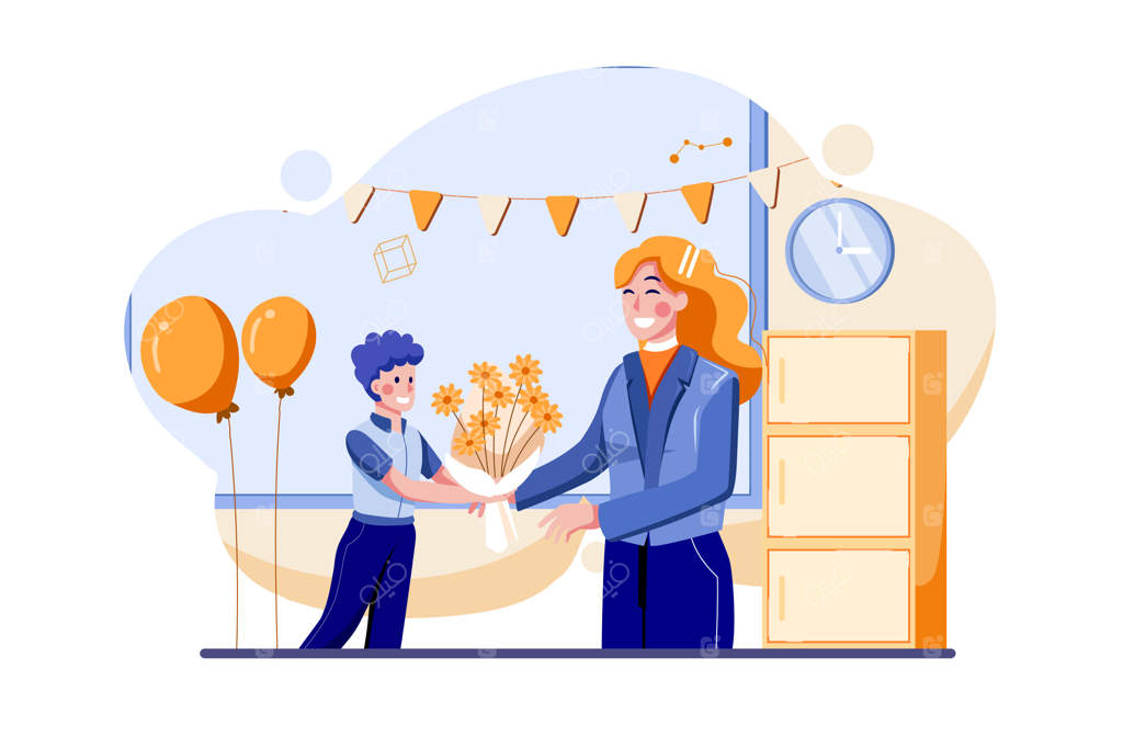 دانش‌آموزان به معلم دسته‌گل هدیه می‌دهند