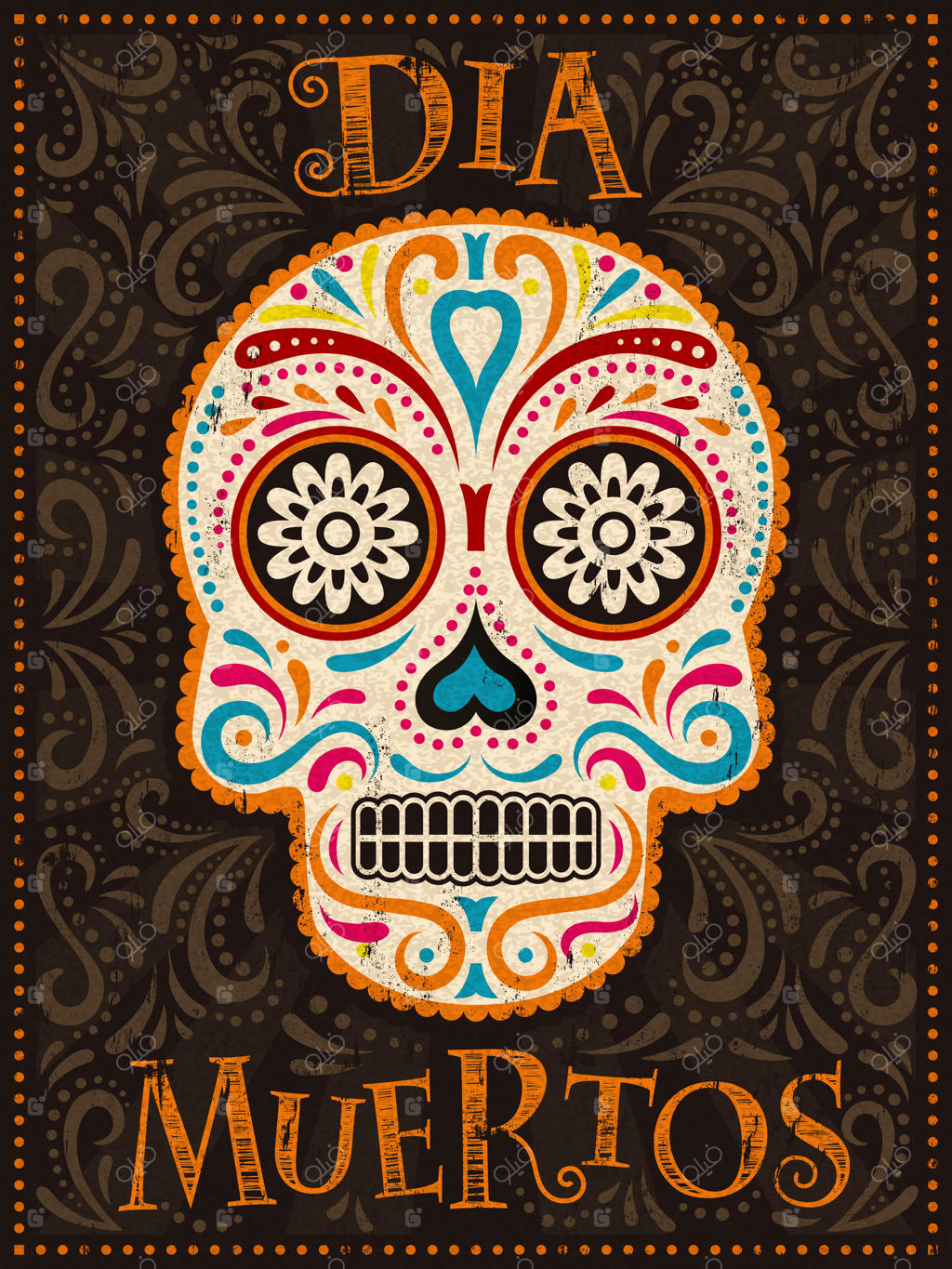 پوستر روز مردگان، جمجمه رنگارنگ با طرح گل، نام این تعطیلات در اسپانیایی "دیادوس مورتوس" است