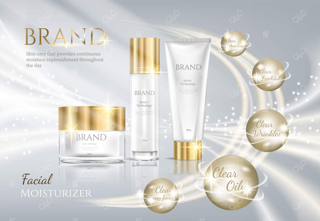 آگهی ست آرایشی: طراحی پس‌زمینه لوکس با طلای سفید و علم مولکولی دی‌ان‌ای