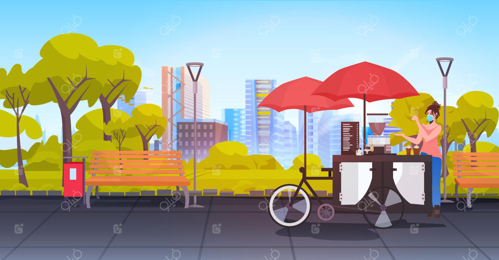 فروشنده‌ای با ماسک در بازارچه‌ی خیابانی کوچک با کاپ‌کیک و قهوه در پس‌زمینه‌ی پارک شهری ایستاده است