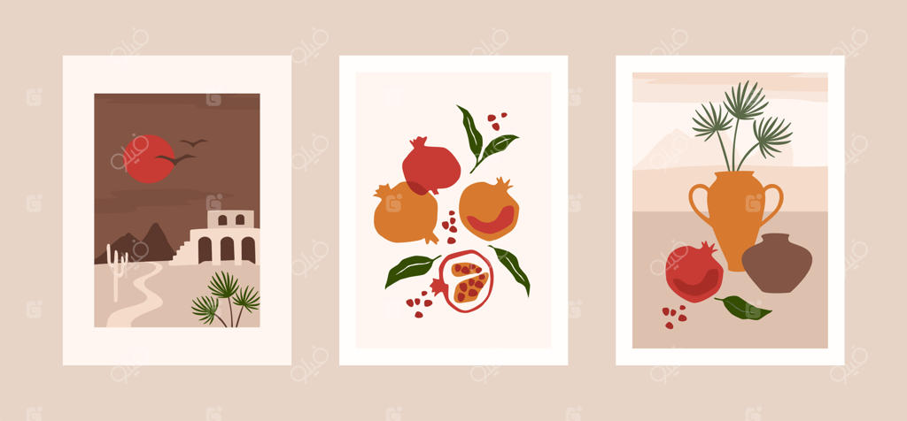 مجموعه کارت‌ها با طرح برگ‌ها، میوه‌ها و مناظر طبیعی