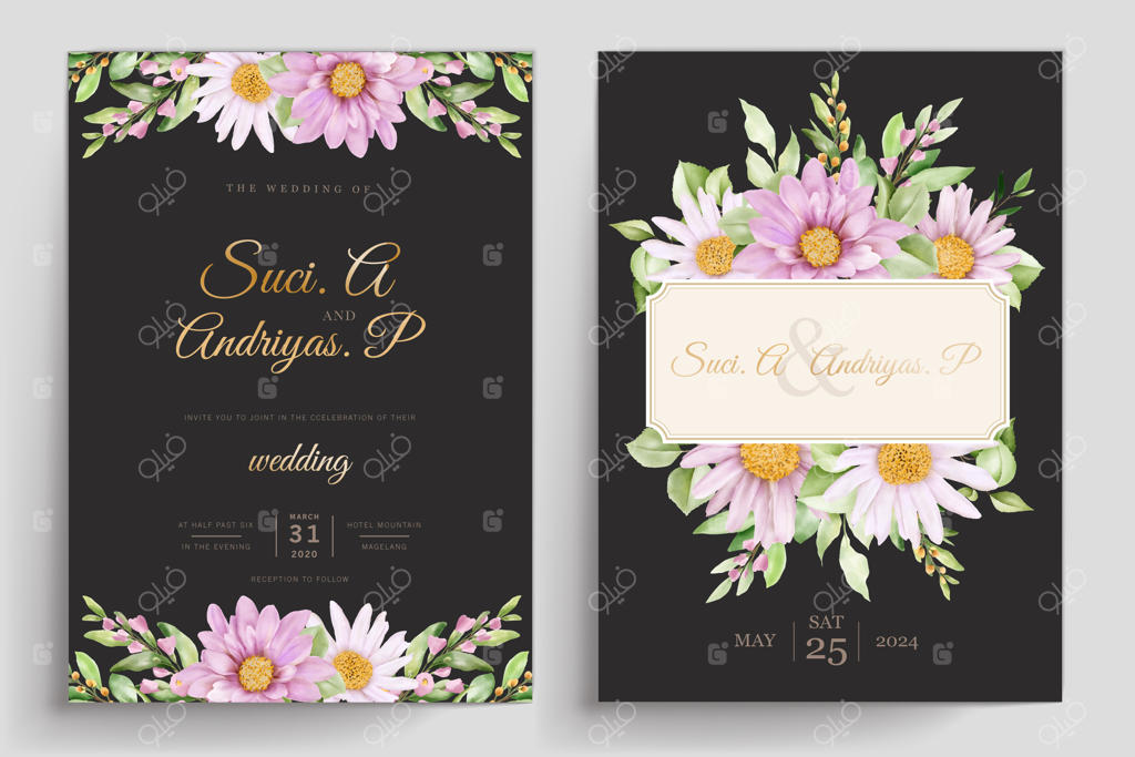 مجموعه کارت دعوت عروسی با طرح گل داوودی آبرنگی