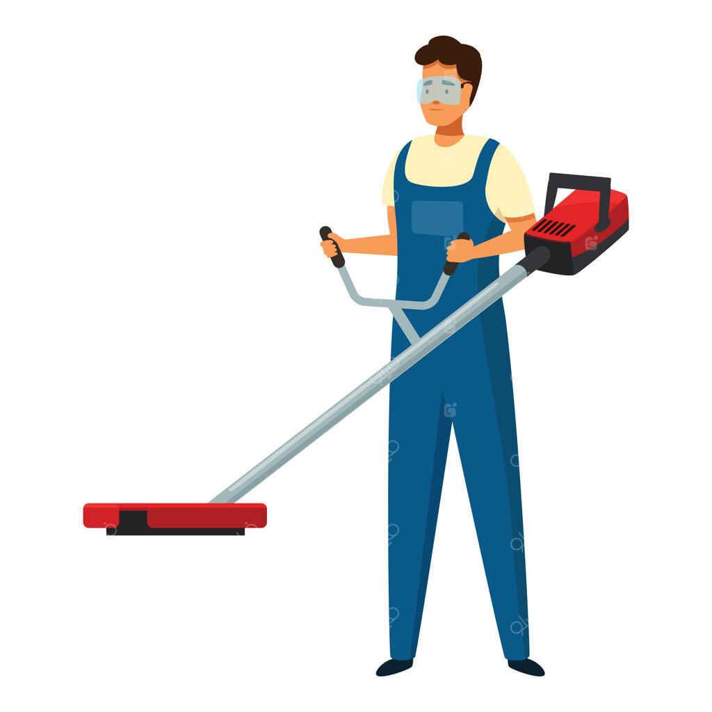 باغبانی با عینک ایمنی در حال استفاده از علف‌زن برقی برای کوتاه کردن چمن‌ها