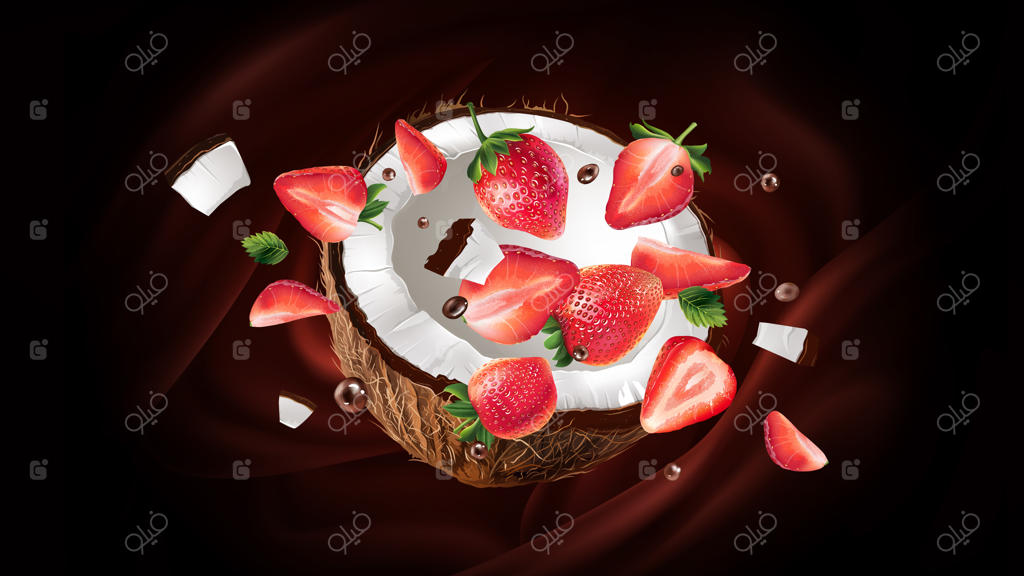 نارگیل و توت‌فرنگی روی پس‌زمینه قهوه‌ای تیره.