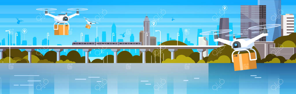 پهپاد با جعبه‌ها بر فراز شهر مدرن، مفهوم تحویل حمل و نقل هوایی - بنر افقی