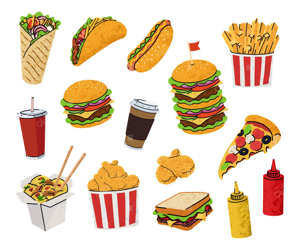 مجموعه آیکون‌های کارتونی فست‌فود با سبک تخت و ساده؛ تصویرسازی غذاهای خیابانی پرکالری