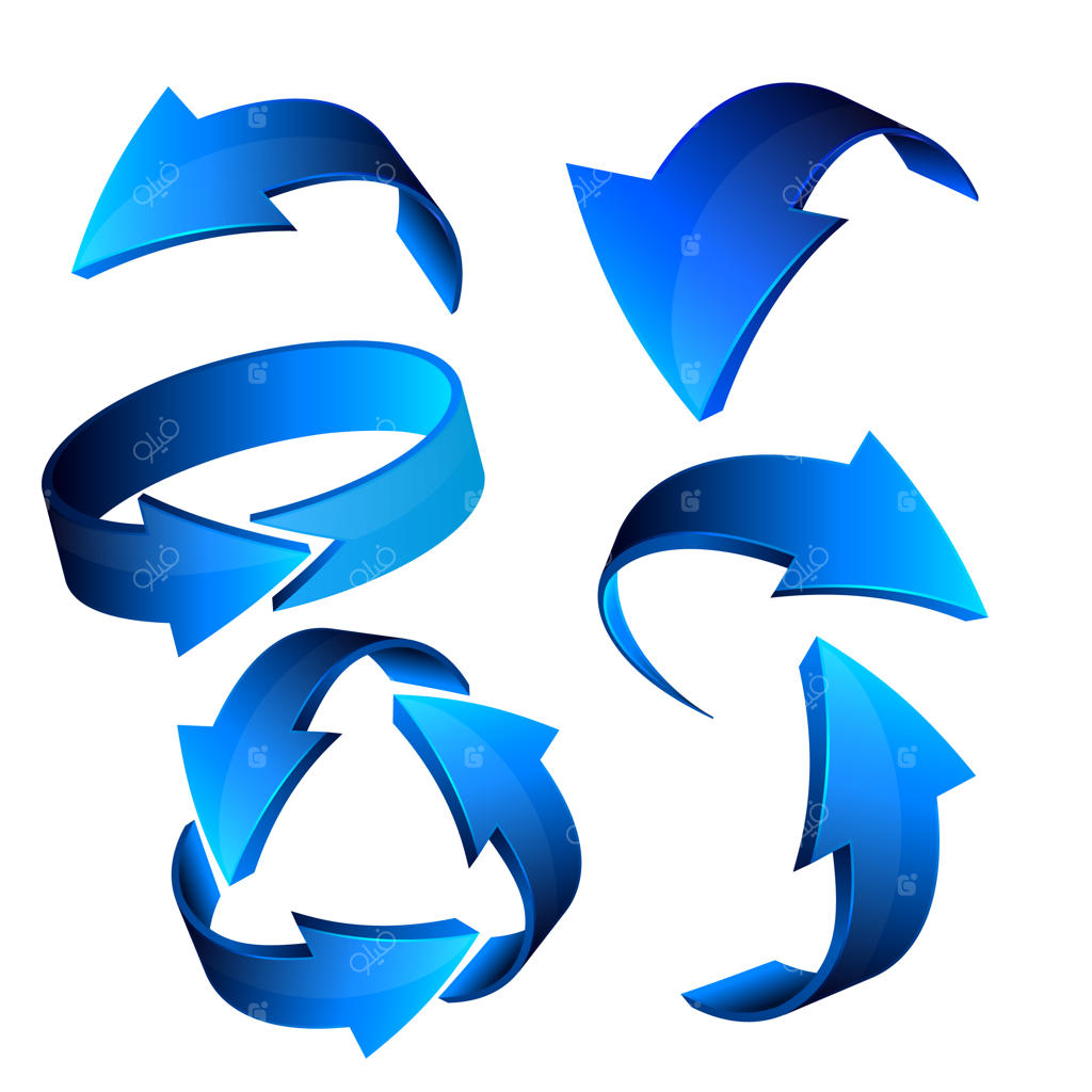 مجموعه آیکون‌ فلش سه‌بعدی آبی برای وب، وکتور.