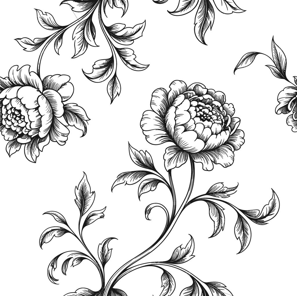اثر هنری گل‌دار، طراحی الهام‌گرفته از طبیعت، الگوی گل با جزئیات دقیق، اشکال گیاهی سیاه و سفید، تصویرسازی‌های گل، عناصر تزئینی، الگوی بدون درز گل، طراحی ظریف و شیک، پیچیده و پرکار