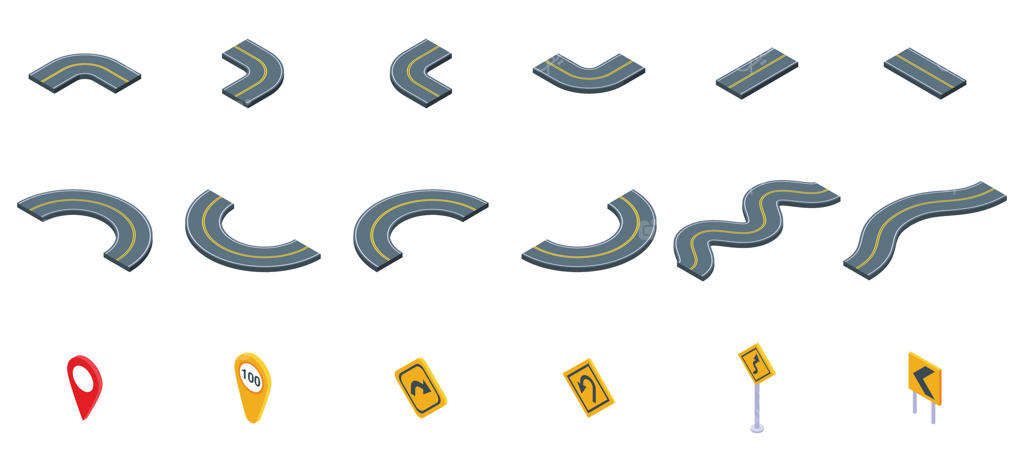 مجموعه آیکون جاده‌های پیچ‌در‌پیچ به‌صورت ایزومتریک وکتور: رانندگی در جاده‌ها