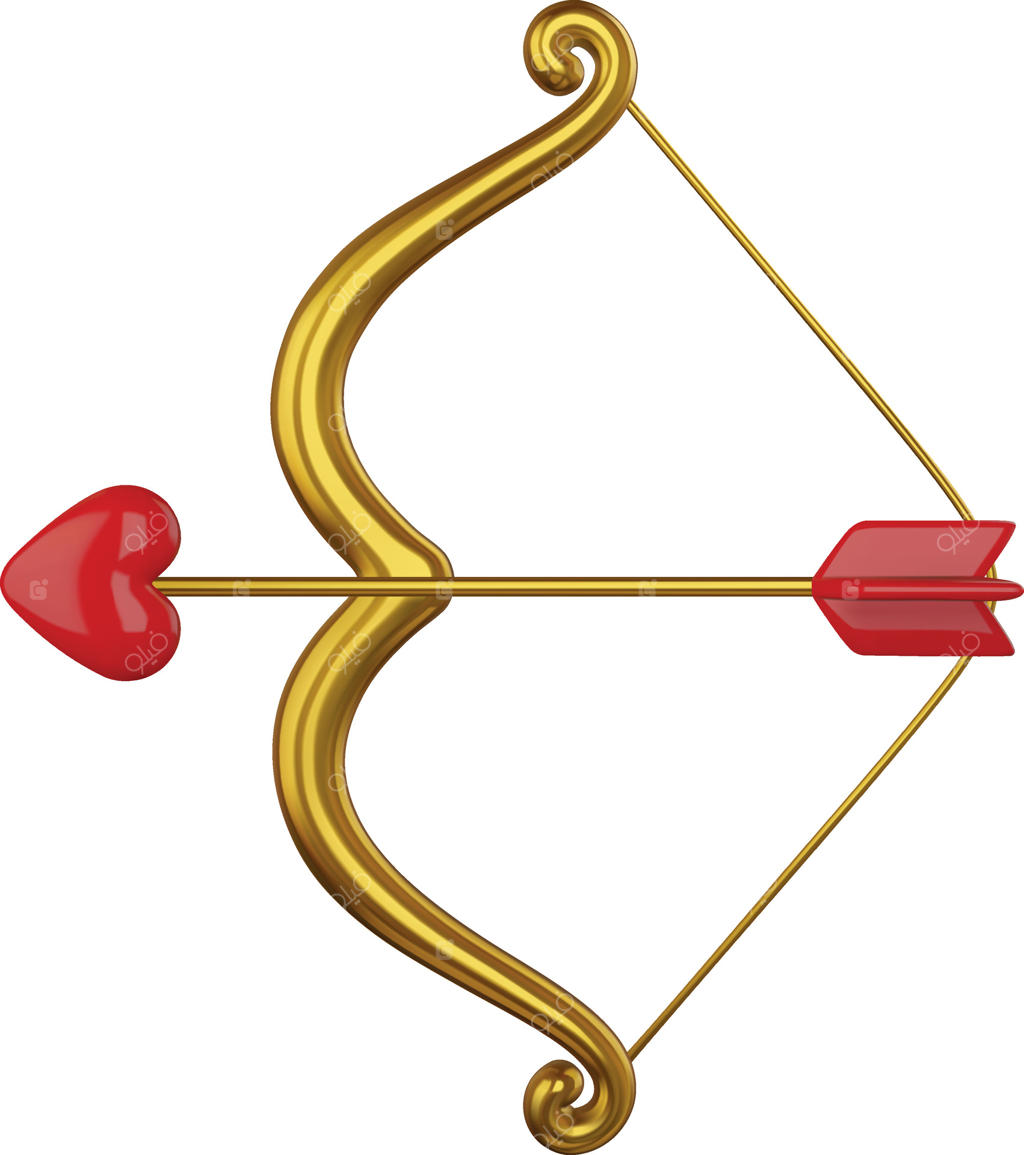 کمان کوپید با تیر قلبی شکل به صورت ایزوله: تصویر واقع‌گرایانه سه‌بعدی برای ولنتاین