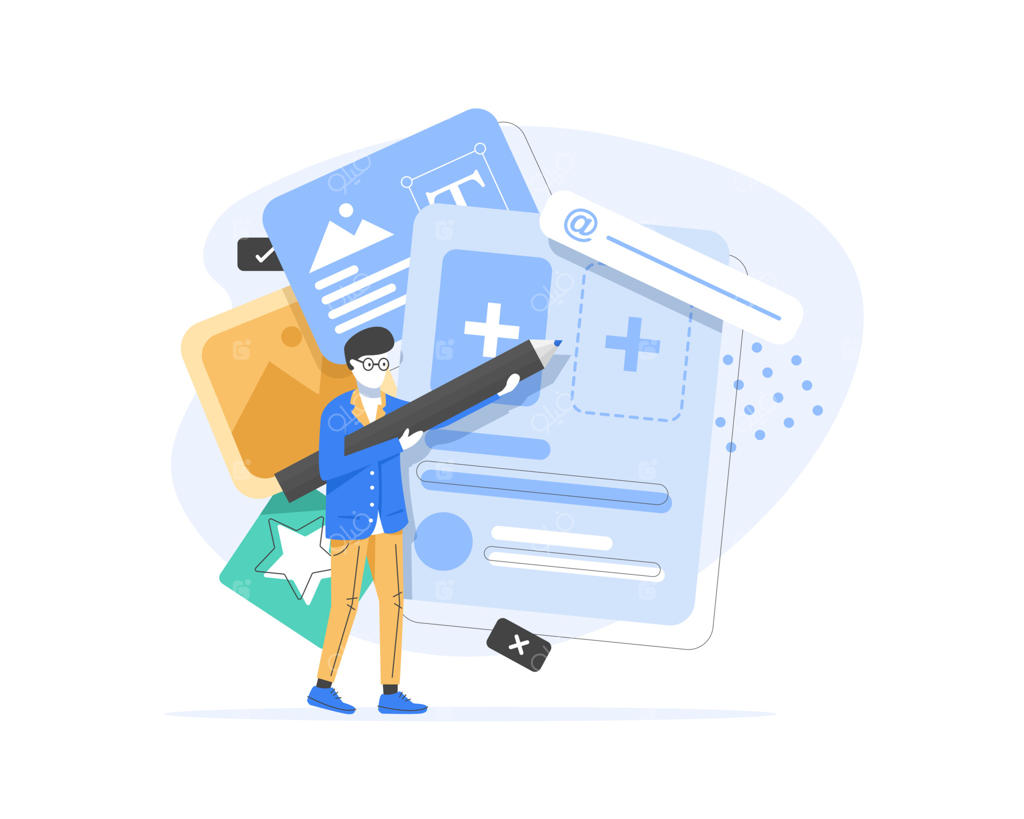 طراحان در حال طراحی صفحه وب، طراحی وب، رابط کاربری (UI) و سازماندهی محتوای تجربه کاربری (UX)؛ تصویرسازی وکتور آیکون طراحی تخت