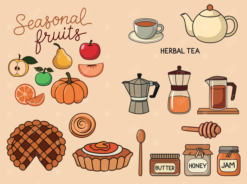 تصاویر غذا و نوشیدنی پاییزی: با میوه‌های فصلی، چای گیاهی، قهوه‌ساز، دسرها، عسل، کره و مربا