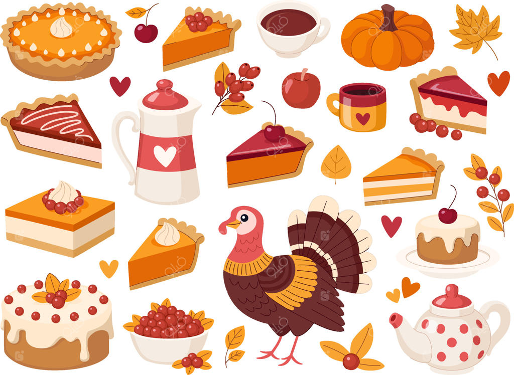 مجموعه روز شکرگزاری: بوقلمون، پای کدو تنبل کامل، برش‌های پای کدو تنبل و توت، میوه‌های پاییزی و توت‌ها، قهوه‌جوش، قوری و فنجان‌های نوشیدنی گرم. مجموعه‌ای دلپذیر و گرم از غذاهای پاییزی.