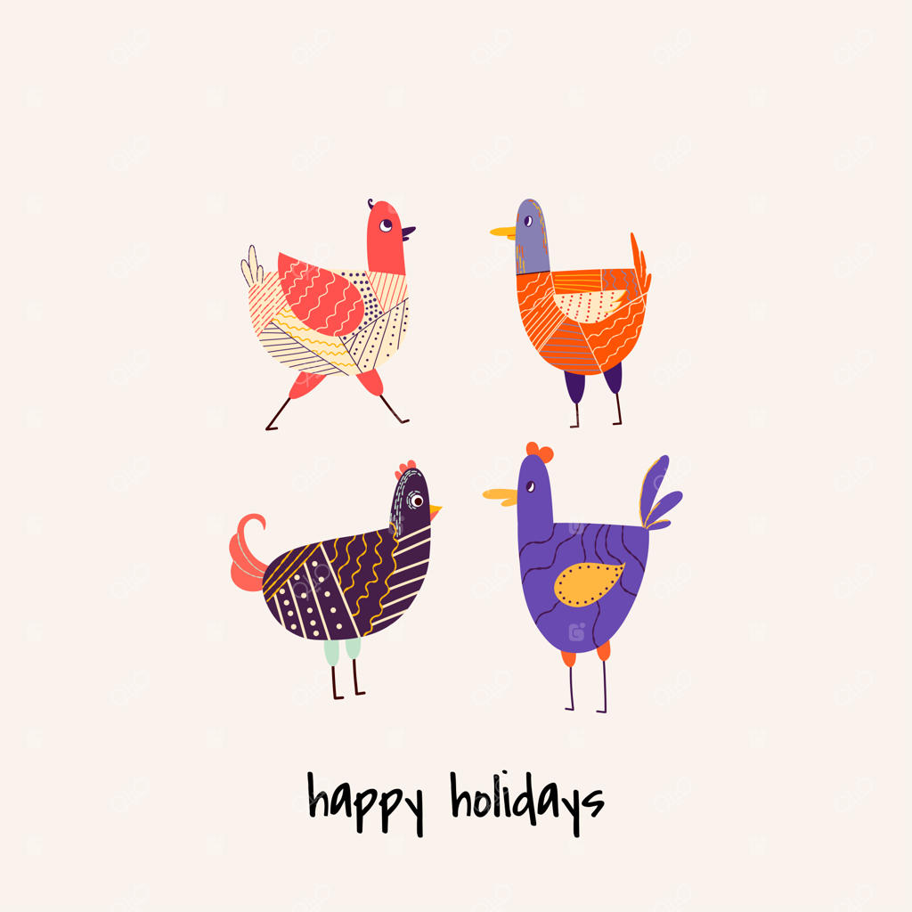 کارت وکتور محلی با پرندگان رنگارنگ - کارت پستال پرنده‌های بامزه به سبک سنتی