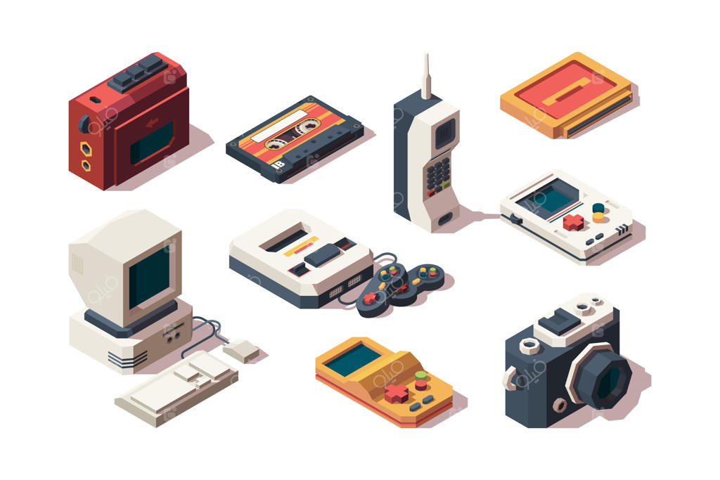 دستگاه‌های نوستالژیک: مجموعه‌ای از تلفن‌های همراه قدیمی، دوربین‌ها، دستگاه‌های پخش موسیقی و کنسول‌های بازی ویدئویی.