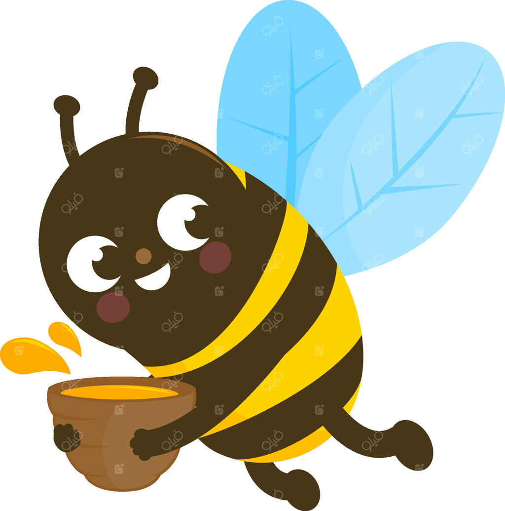 شخصیت زنبور کارتونی در حال پرواز و حمل یک شیشه عسل. یک زنبور دوست‌داشتنی در باغ با یک ظرف عسل.