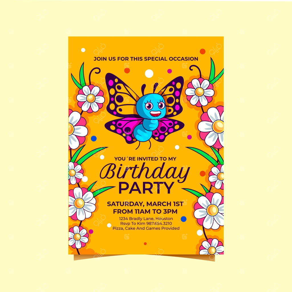 پترن دعوتنامه تولد با طرح پروانه کارتونی