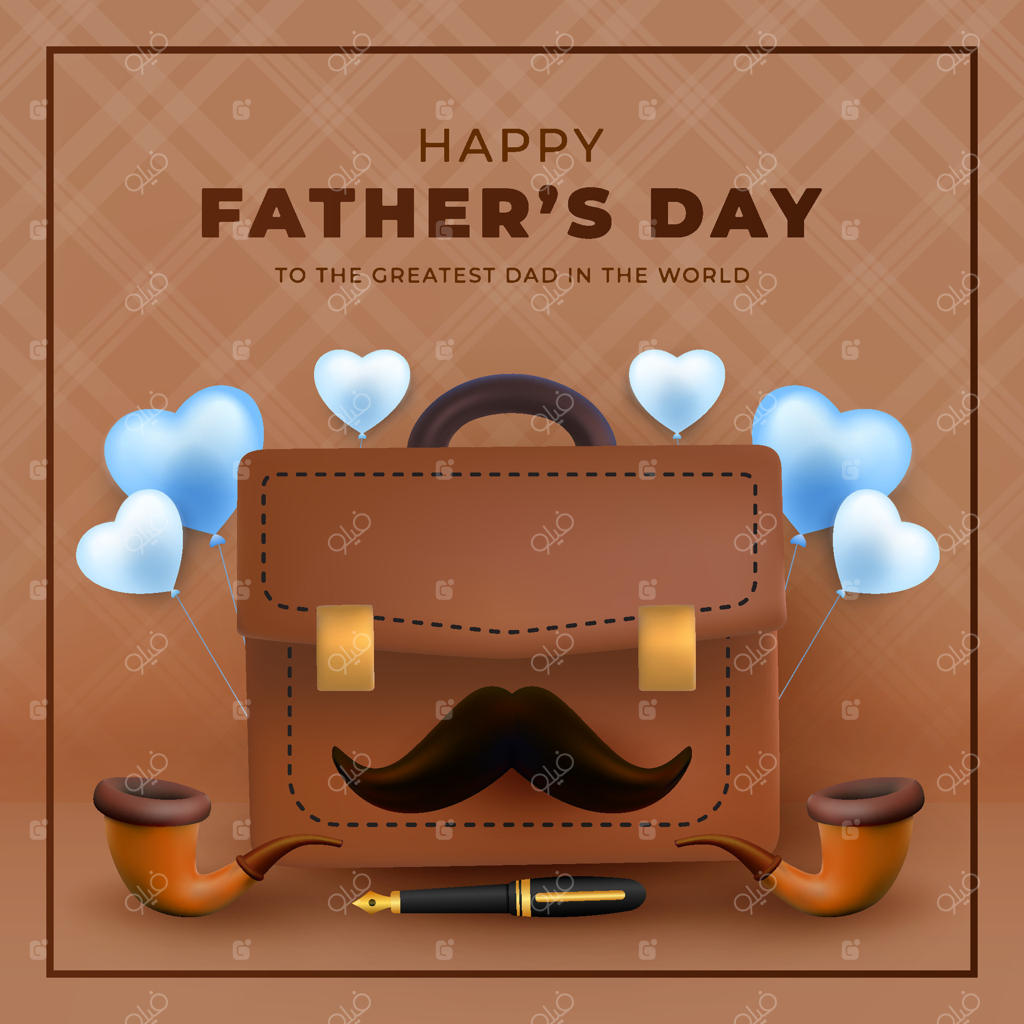 کارت روز پدر با کیف، سبیل و بادکنک‌های قلبی شکل