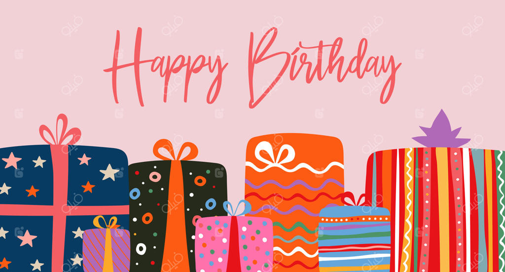 کارت یا بنر تولدت مبارک بر روی جعبه‌های هدیه رنگارنگ. مفهوم جشن شاد. طراحی کارت تبریک.
