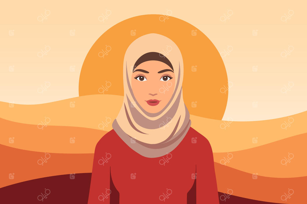 زن جوان مسلمان با حجاب در غروب صحرا، سبک تخت