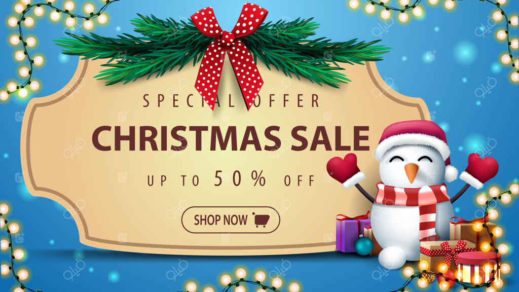 پیشنهاد ویژه: حراج کریسمس تا ۵۰٪ تخفیف - بنر آبی با قاب قدیمی، شاخه‌های درخت کریسمس با روبان قرمز، ریسه و آدم‌برفی با کلاه بابانوئل و هدایا