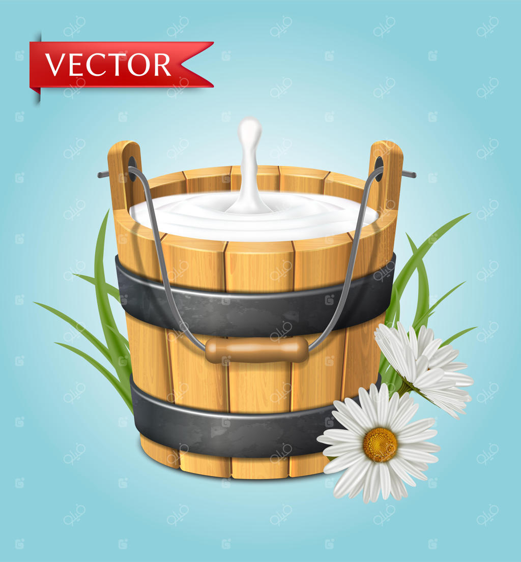 سطل چوبی روستایی پر از شیر