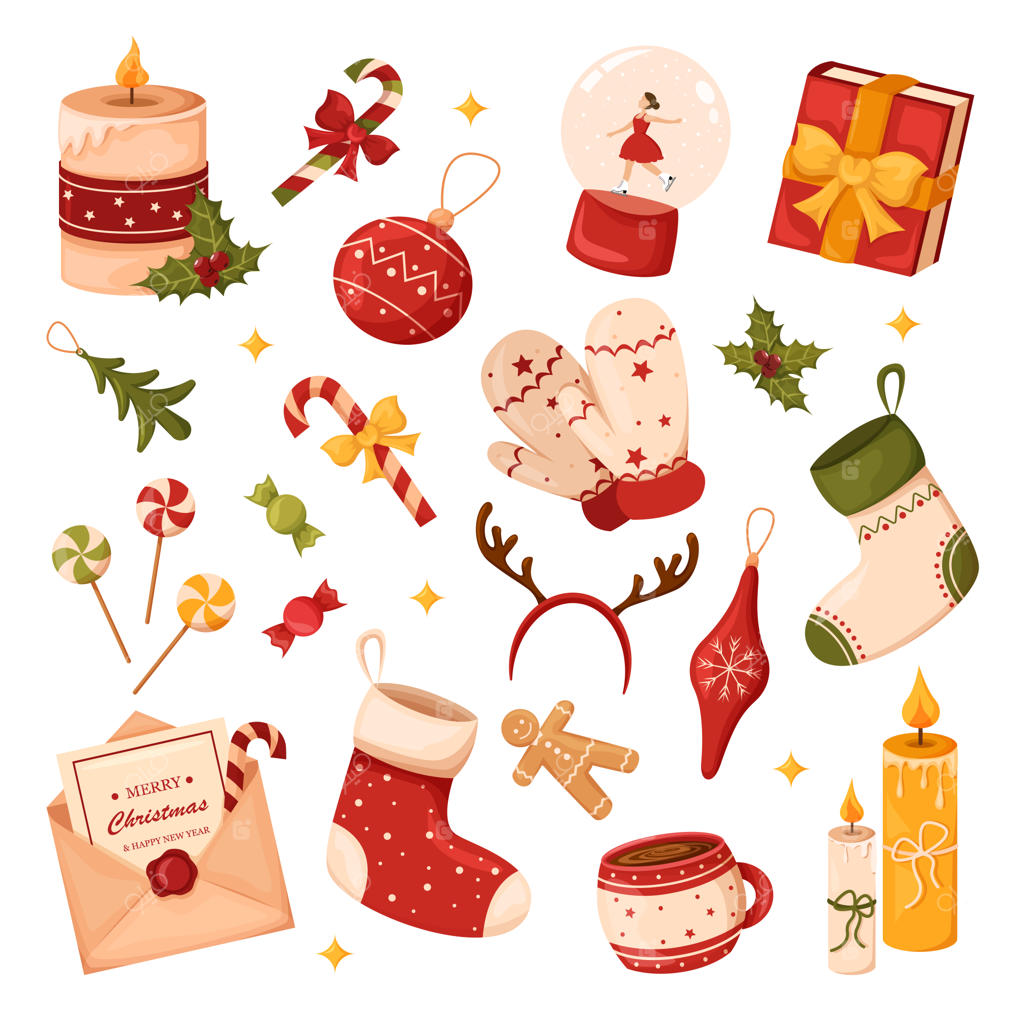 مجموعه‌ای از هدایای کریسمس شامل تزئینات، شیرینی‌ها، آب‌نبات، اسباب‌بازی‌ها، دستکش‌ها، جوراب‌ها و شمع‌ها