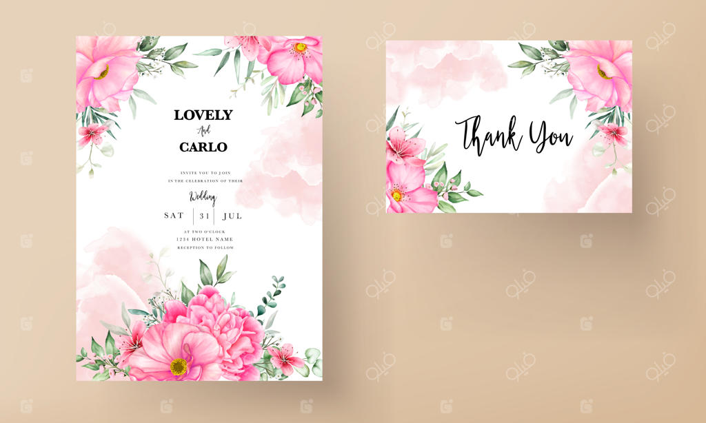 قالب کارت دعوت عروسی با طرح گل‌ها و برگ‌های آبرنگی زیبا