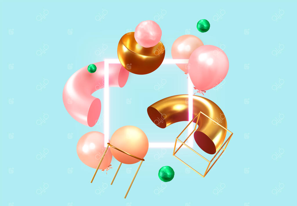 پس‌زمینه جشن با بادکنک‌های هلیومی و اشیاء هندسی سه‌بعدی، تولد یا سالگرد را جشن بگیرید. پوستر و بنر با فضای خالی برای متن. قالب داستان شبکه‌های اجتماعی با بادکنک‌های آبی و صورتی.