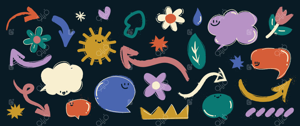 مجموعه‌ای از عناصر نقاشی دست‌ساز وکتور. مجموعه‌ای رنگارنگ از فلش‌ها، ابرهای گفت‌وگو و نمادها با نقاشی قلم‌مو بر روی پس‌زمینه سیاه. طراحی برای کمیک، تاتو، استیکر، چاپ و هنر.