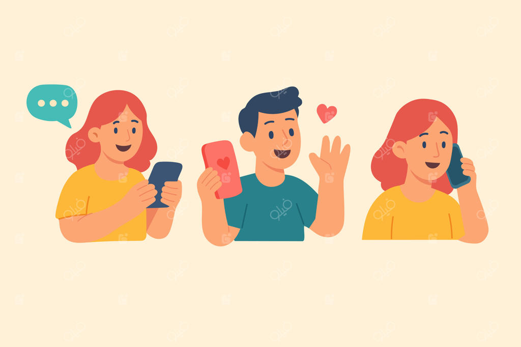 آدم‌های کارتونی با گوشی‌های هوشمند: گپ، تماس و ارسال قلب در گفتگوهای آنلاین.