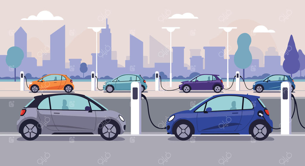 شارژ خودروهای برقی در ایستگاه شهری با ساختمان‌های مدرن