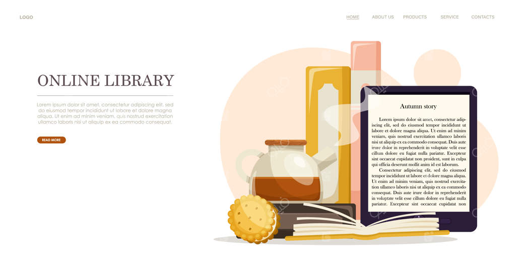 مفهوم کتابخانه آنلاین: کتاب‌های تبلت دیجیتال و چای در پس‌زمینه‌ای روشن - تصویرسازی وکتور