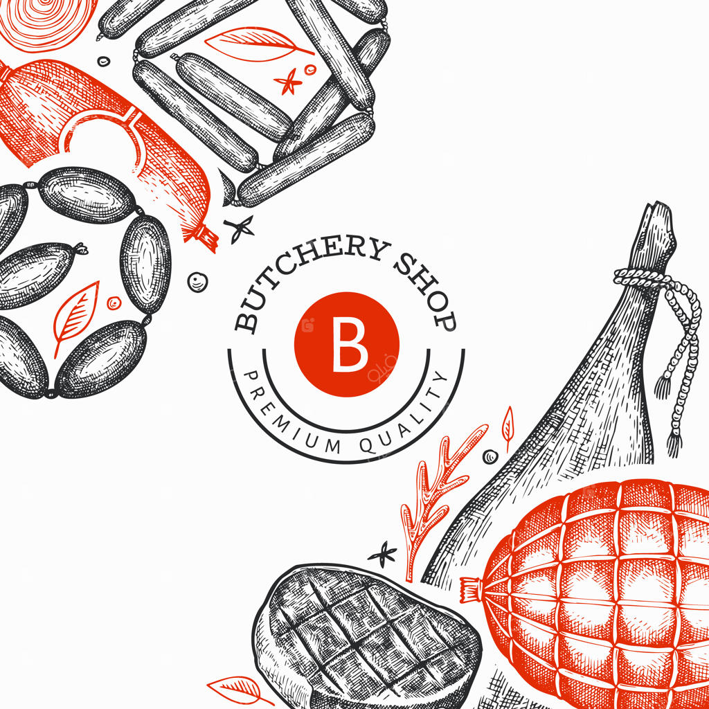 قالب محصولات گوشتی قدیمی. طراحی دستی ژامبون، سوسیس، گوشت نمک‌سود، ادویه‌جات و سبزیجات معطر. مواد اولیه غذایی خام.