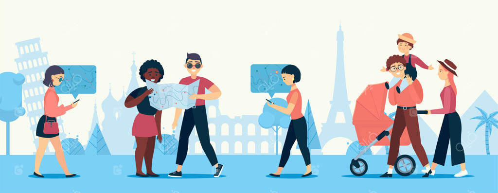 شخصیت‌های کارتونی و جاذبه‌های دیدنی: دختری در جستجوی مسیر در ناوبری. خانواده‌ای در سفر به دور دنیا