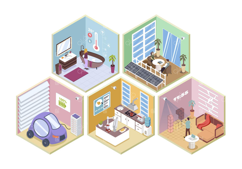 مفهوم خانه هوشمند با طراحی ایزومتریک سه‌بعدی برای وب: استفاده از سامانه‌های اتوماسیون خانگی شامل ترموستات‌ها، پانل‌های خورشیدی و شارژ خودرو الکتریکی در گاراژ. نقاشی.