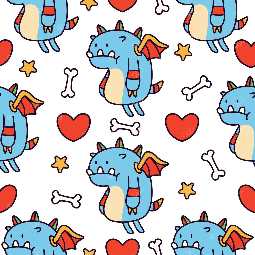 پترن کارتونی اژدها با قلب‌ها و استخوان‌ها.