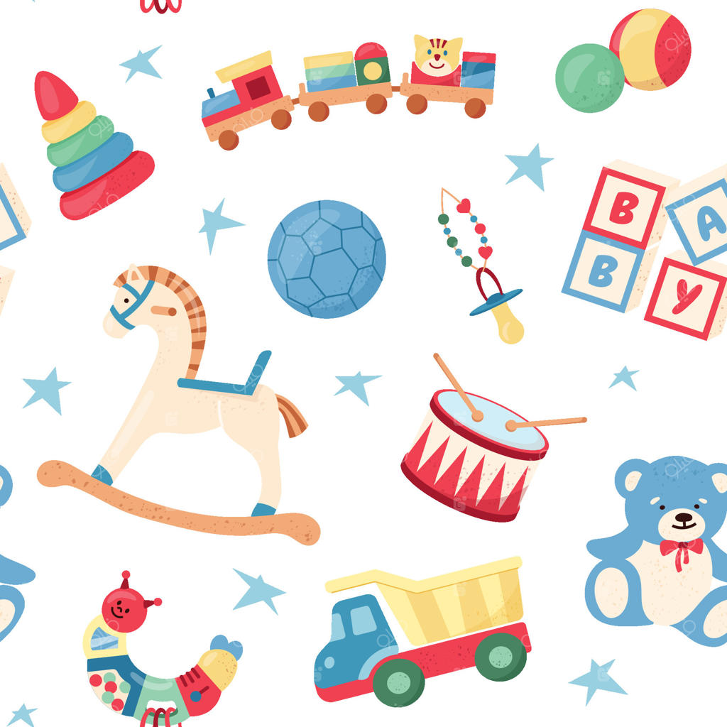 طرح شاد و یکپارچه با اسباب‌بازی‌های بامزه کودک، قطار، ماشین و اسب. طراحی کارتونی جذاب برای تم کودک. ایده‌آل برای پارچه‌ها، کاغذ کادو و سایر طرح‌های مرتبط با نوزادان
