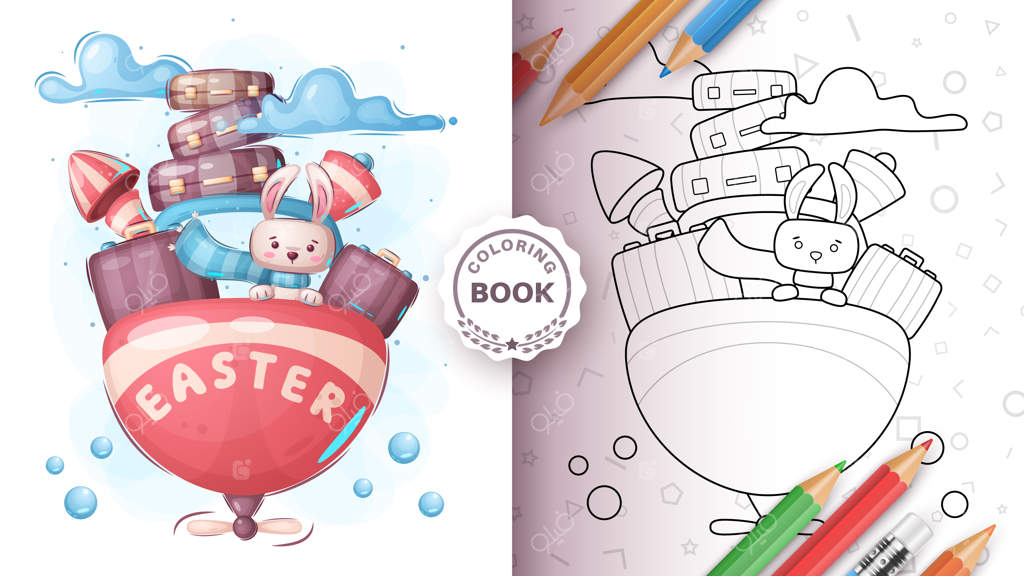 شخصیت کارتونی خرگوش در سفر - برگه رنگ‌آمیزی. وکتور eps 10