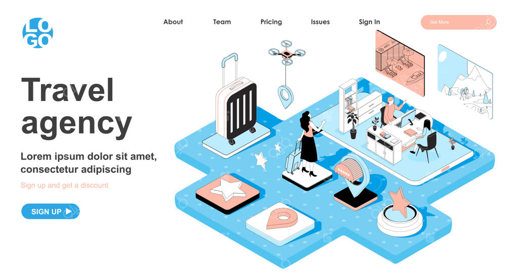 مفهوم ایزومتریک آژانس مسافرتی در طراحی سه‌بعدی برای صفحه فرود