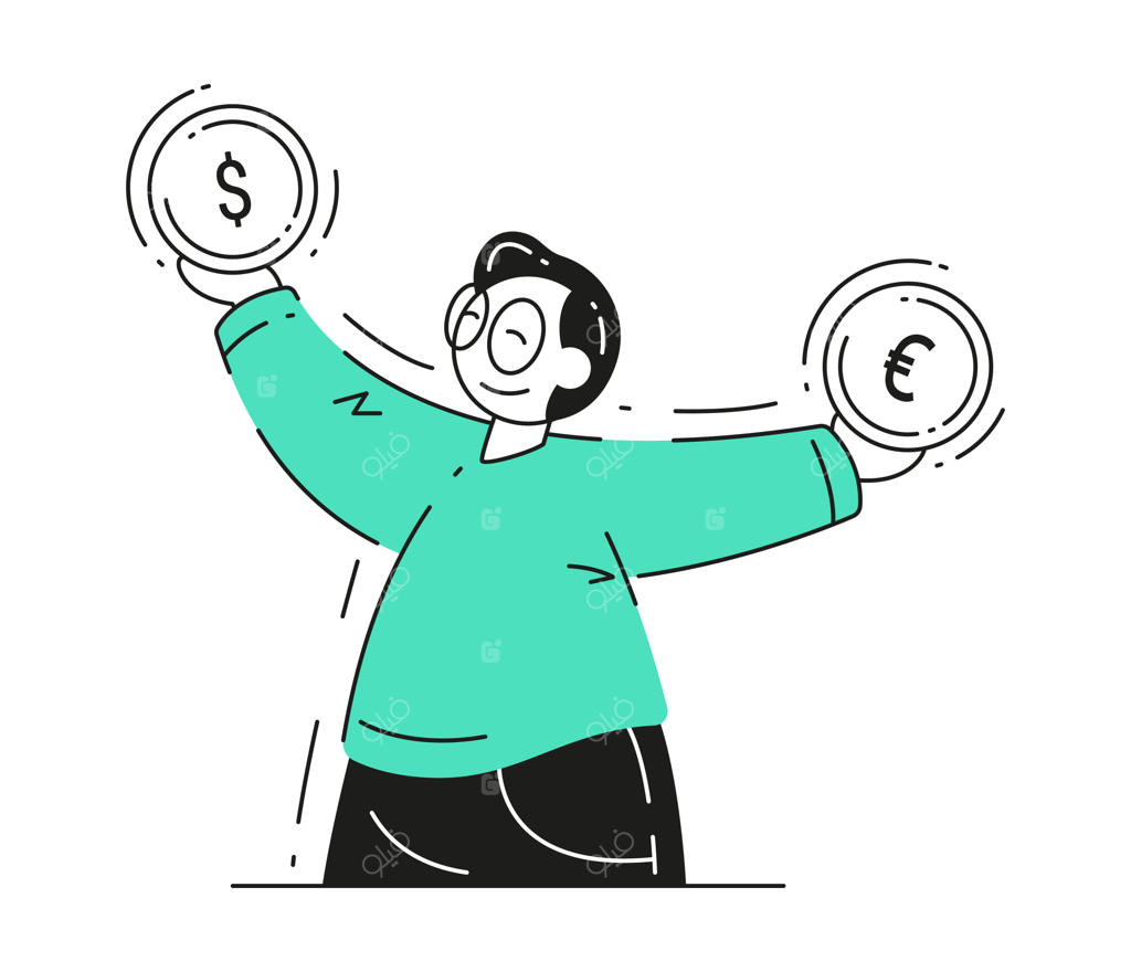 تصویرسازی وکتور فلت مرد تاجر و چرخش سکه با فلش و مفهوم تبادل ارز
