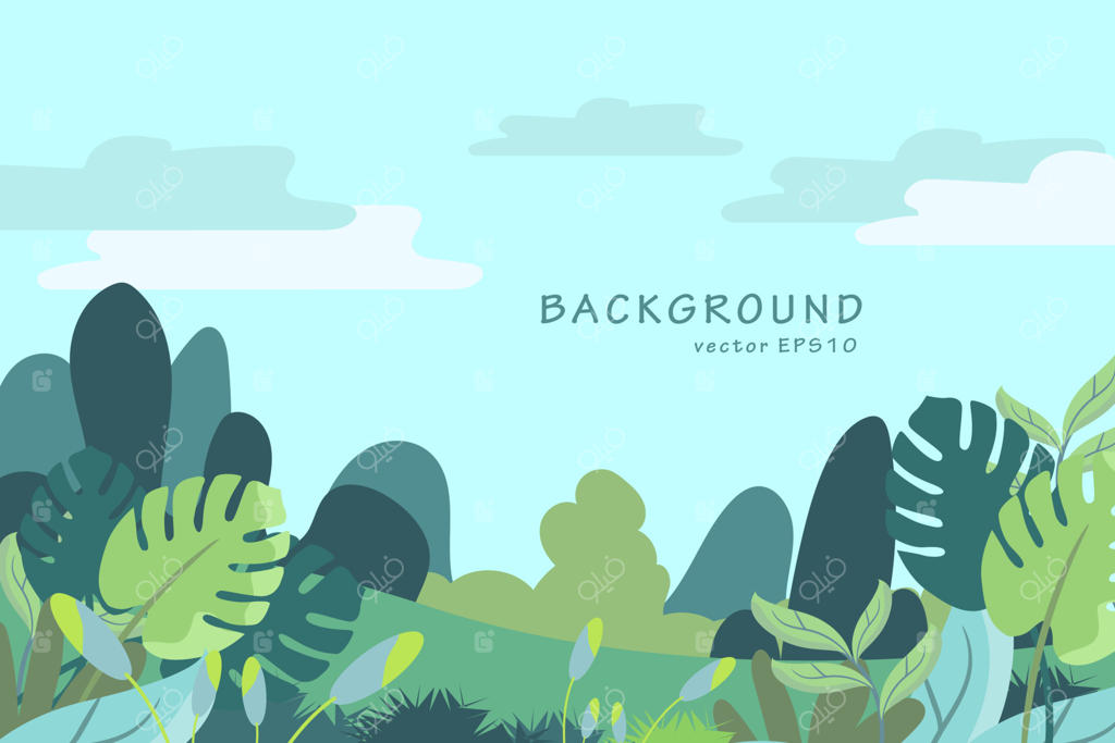 طراحی پس‌زمینه یا بنر بهار و تابستان با گل‌های زیبا، برگ‌ها، کوه، مناظر و آسمان. تصویر برداری EPS10