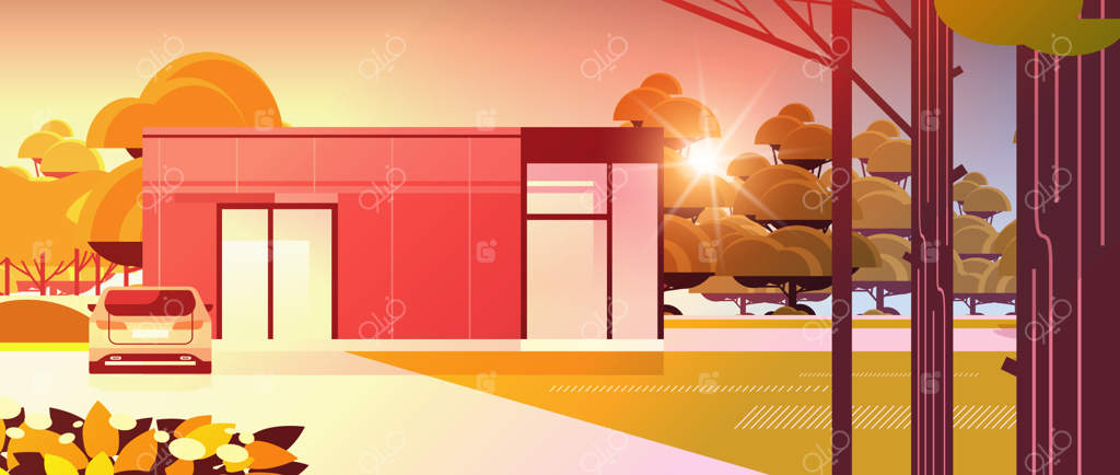 خانه مدرن از پانل‌های ساندویچی با پنجره‌های بزرگ پانوراما یک خانه معاصر با طراحی سازگار با محیط زیست، مفهوم ساخت و ساز مدولار در غروب آفتاب، منظره پس‌زمینه افقی، تصویر سازی وکتوری