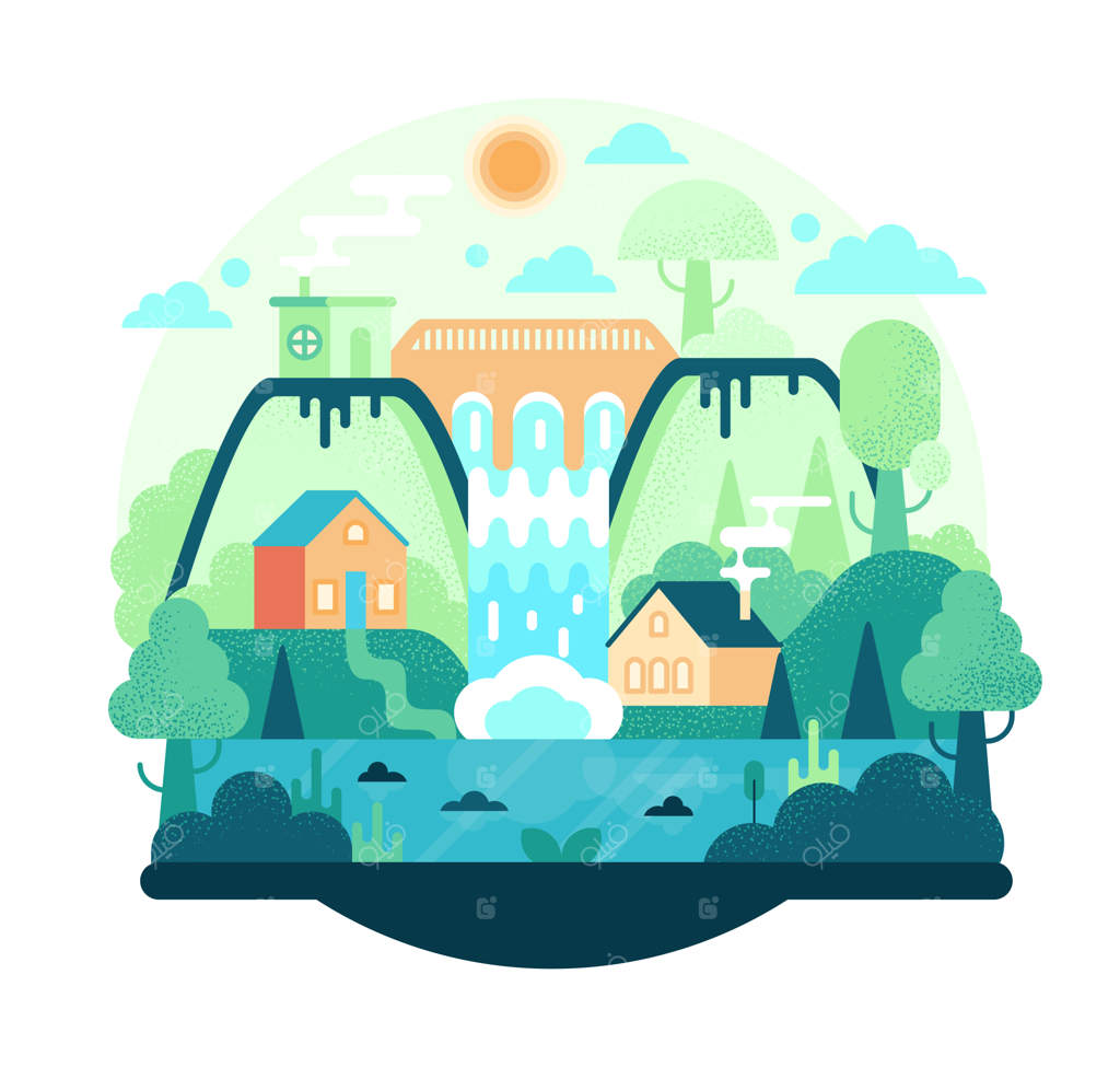 تصویر کارتونی از سد نیروگاه برق‌آبی با توربین هیدروالکتریکی