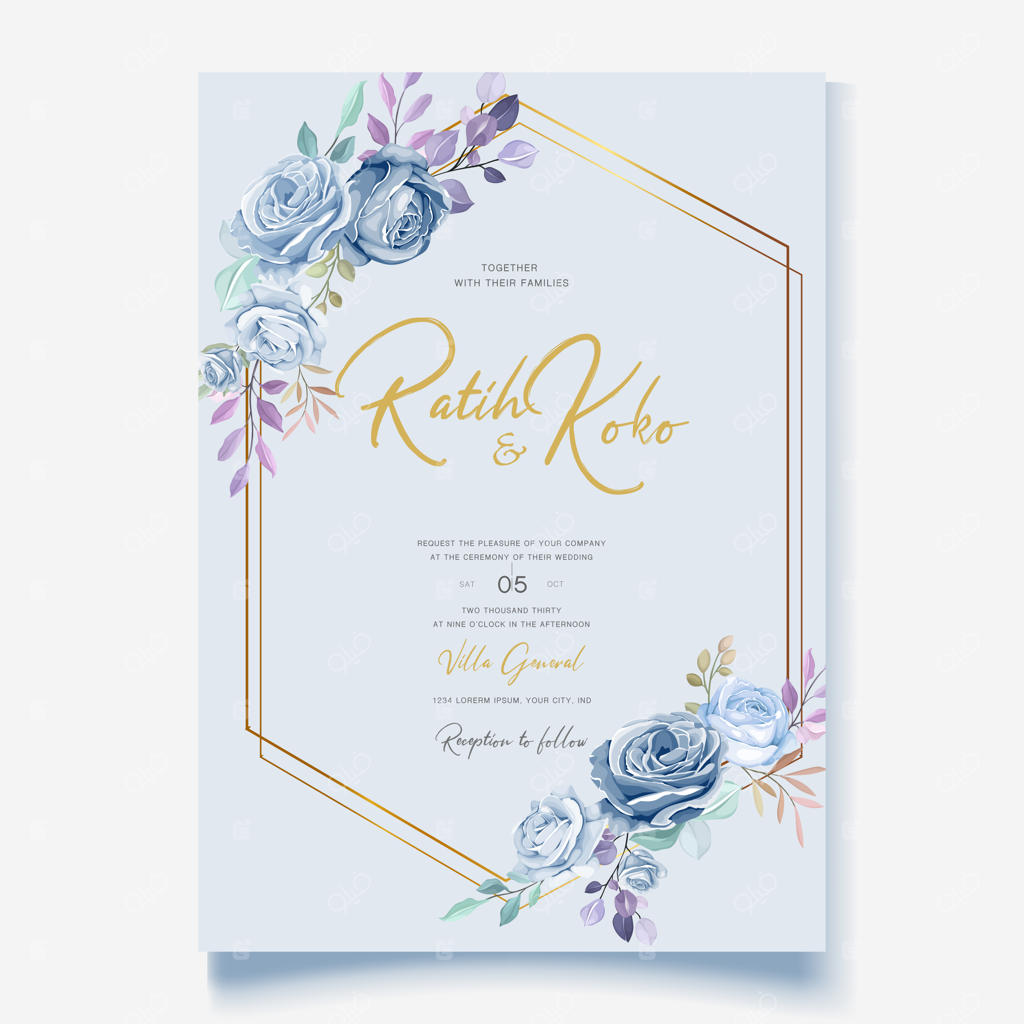 طرح کارت عروسی با حلقه گل آبی زیبا